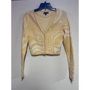 Kendall & Kylie Yellow Marble Swirl Cropped Cardigan Sweater V-Neck Size M